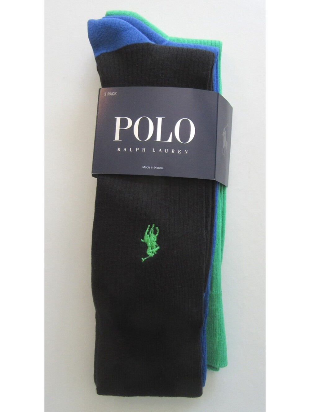Polo Ralph Lauren Mens Trouser Dress Socks Black Blue and Green Ribbed 3 pack